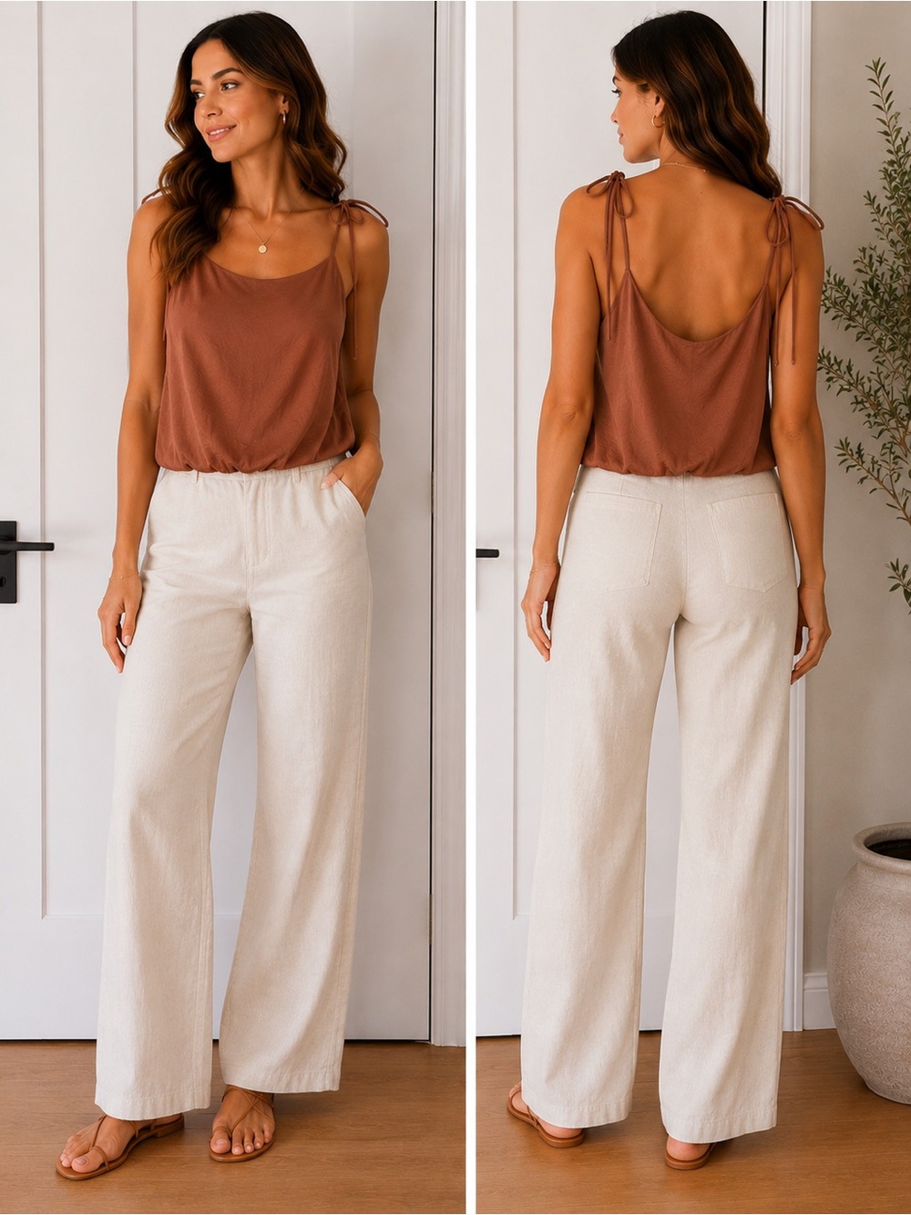 Anna Grace Wide-Leg Pants in Cream with Rust Tank